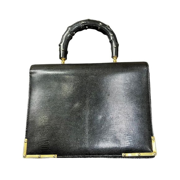 Vintage Handbags - Vintage Bag Susan Gail Womens Doctor Black Leather Flap Tortoiseshell Handle S
